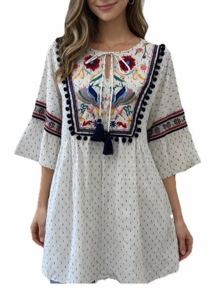 Thml Cotton Dress Tunic Embroidered Tassels Boho Ethnic Bell Sleeves Mini